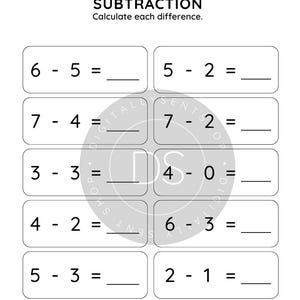 Może przedstawiać: Biała karta pracy edukacyjnej z tytułem SUBTRACTION i podtytułem Calculate each difference. Zawiera dziesięć zadań matematycznych ułożonych w dw&oacute;ch kolumnach, każde w zaokrąglonym prostokącie z pustą linią na wynik.