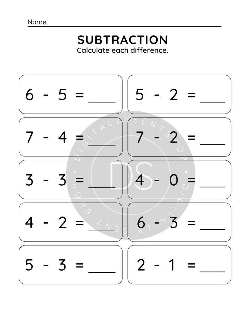 Może przedstawiać: Biała karta pracy edukacyjnej z tytułem SUBTRACTION i podtytułem Calculate each difference. Zawiera dziesięć zadań matematycznych ułożonych w dw&oacute;ch kolumnach, każde w zaokrąglonym prostokącie z pustą linią na wynik.