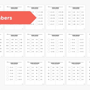 May include: A collection of 80 pages of printable worksheets with math problems. The worksheets feature the text "Missing Numbers" and include addition and subtraction problems. A red banner and a green banner with the text "80 PAGES" are also visible.
