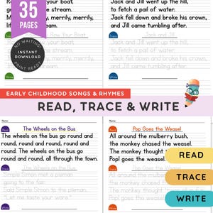 Printable Nursery Rhymes & Kids’ Songs | 35 Short Rhymes Collection | Preschool and Kindergarten Handwriting | Read, Trace, Write Worksheets