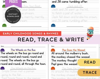 Kinderlieder zum Ausdrucken | 35 Short Rhymes Sammlung | Vorschule und Kindergarten Handschrift | Lesen, Zeichnen, Schreiben von Arbeitsblättern