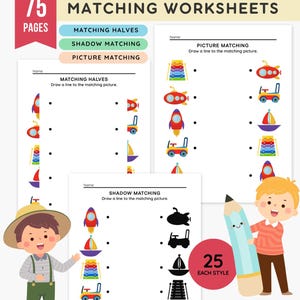 75 feuilles de travail assorties | Correspondance des ombres, correspondance des moitiés et activités de correspondance des images | Préscolaire, maternelle, école à la maison PDF imprimable