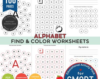 Letter Recognition Alphabet Find & Color Worksheets | ABC Printable | Preschool Letter Practice | Alphabet Coloring Pages | 2 versions