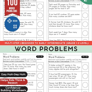 Hojas de ejercicios de problemas matemáticos para 1.º y 2.º grado / Práctica de suma, resta y multiplicación / Para profesores y padres que imparten clases en casa / PDF PNG