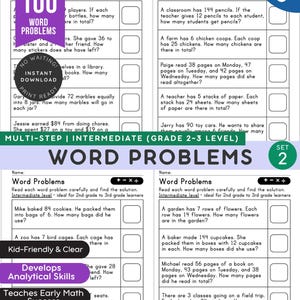 2nd-3rd Grade Math Word Problems, 100 Math Problems,  Addition, Subtraction, Multiplication, Division, Math Practice Worksheets