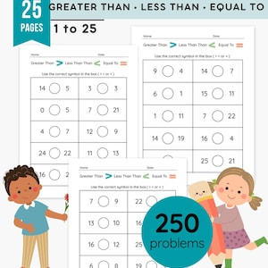 Greater Than Less Than Equal To Worksheets | 25 Page Math Practice Pack | Numbers Up to 25 | 250 Problems | Compare Numbers | PDF + PNG