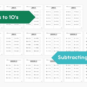 May include: A collection of printable worksheets for addition and subtraction practice. The worksheets are designed for learning math facts from 1 to 10. The image includes the text "Adding by 1's to 10's", "Subtracting by 1's to 10's", "80 PAGES", and "DIGITAL DOWNLOAD".