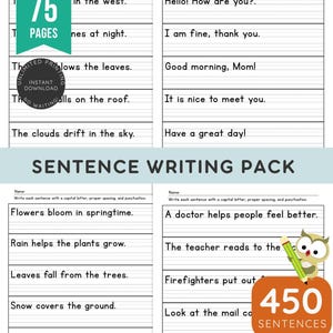 450 Sentence Writing Worksheets Bundle | Handwriting Practice for Kindergarten, 1st & 2nd Grade | Printable PDF | Digital Download