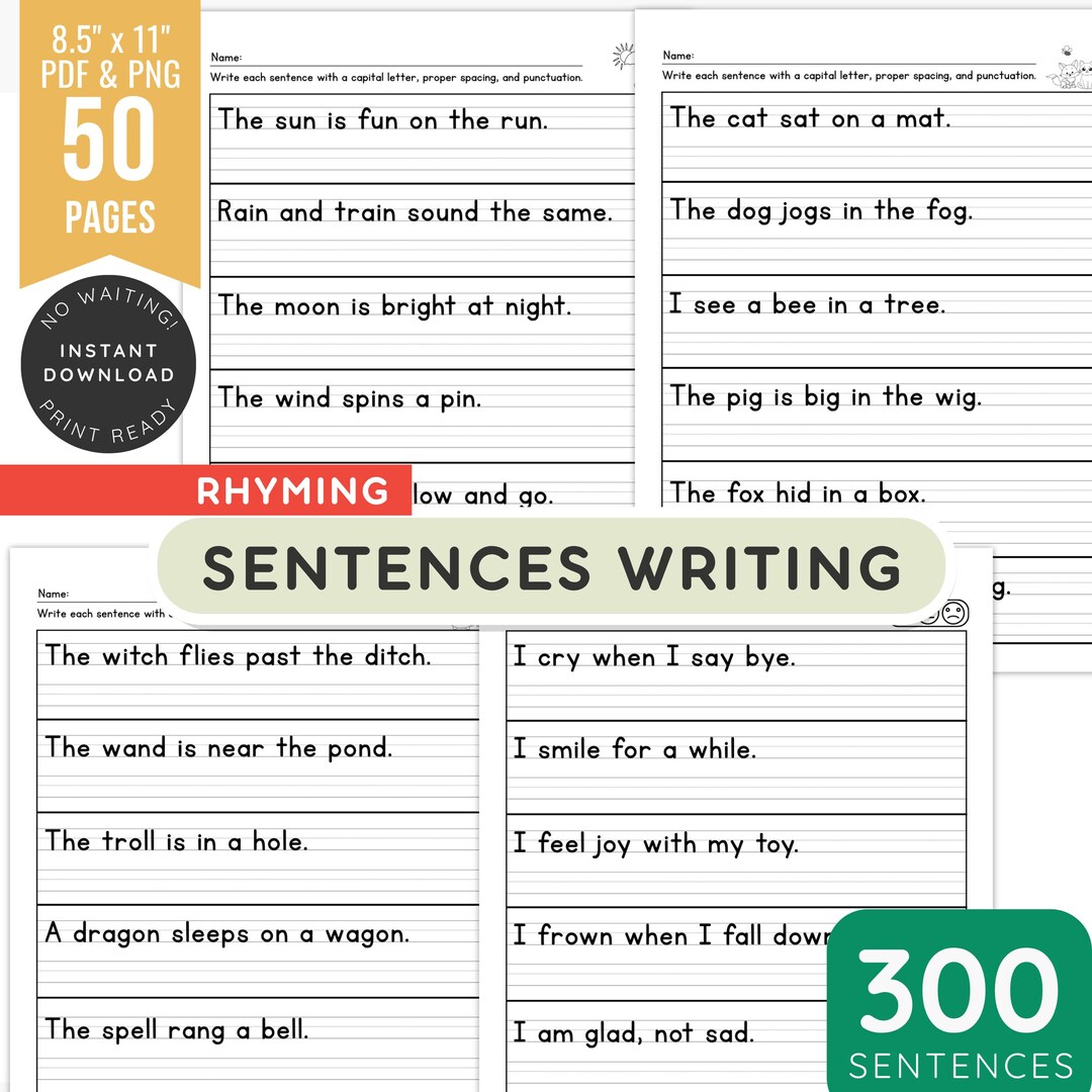 Sentences With Rhyming 300 Rhyming Sentences Writing and Handwriting Practice, Copy the ...