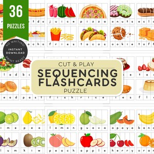 May include: A set of 36 sequencing flashcards featuring food items like pizza, tacos, and fruit. The cards are designed as a cut-and-play puzzle, with the text "CUT & PLAY SEQUENCING FLASHCARDS PUZZLE" displayed prominently.