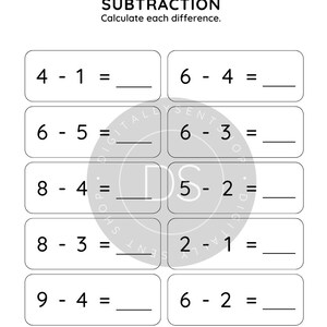 Może przedstawiać: Czarno-biały arkusz edukacyjny z tytułem SUBTRACTION i poleceniem Calculate each difference. Zawiera dziesięć zadań matematycznych w dw&oacute;ch kolumnach, każde z pustą linią na odpowiedź, w tym 4-1, 6-4, 6-5, 6-3, 8-4, 5-2, 8-3, 2-1, 9-4 oraz 6-2.