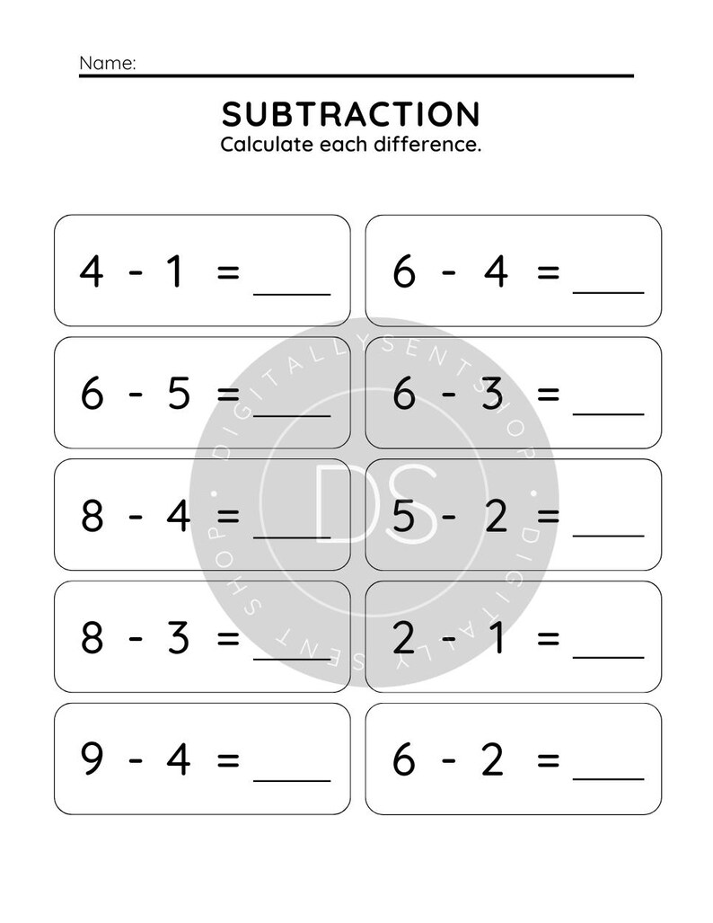 Może przedstawiać: Czarno-biały arkusz edukacyjny z tytułem SUBTRACTION i poleceniem Calculate each difference. Zawiera dziesięć zadań matematycznych w dw&oacute;ch kolumnach, każde z pustą linią na odpowiedź, w tym 4-1, 6-4, 6-5, 6-3, 8-4, 5-2, 8-3, 2-1, 9-4 oraz 6-2.