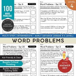 Può includere: Una raccolta di schede didattiche intitolate Word Problems, che includono i set 6, 13, 20 e 2. Ogni pagina contiene problemi di matematica con caselle vuote per le risposte, il livello 3-4 e una piccola grafica con matita e gomma da cancellare.