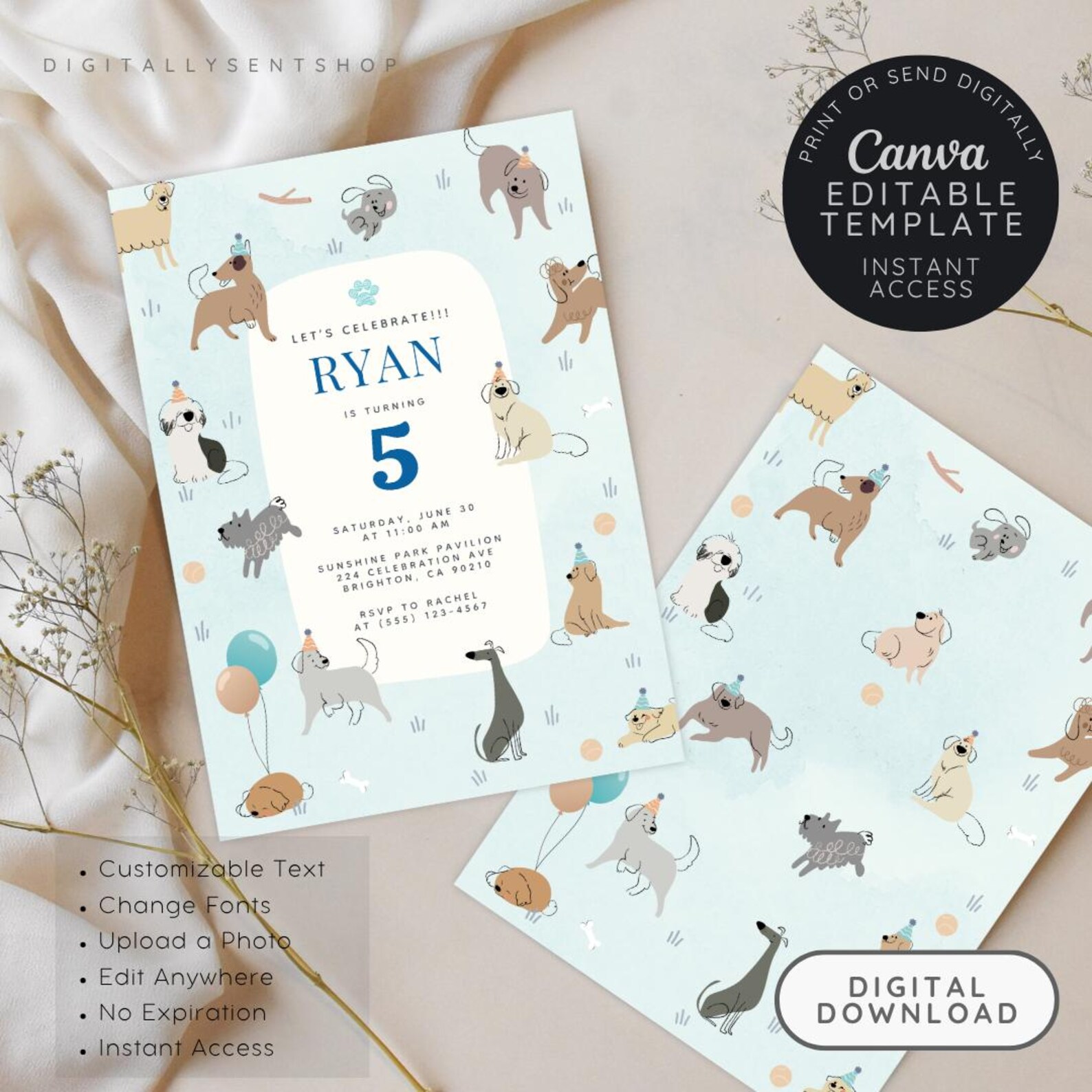 Editable 5x7 Dog Puppy Birthday Invitation Canva Template | Cute Dogs ...