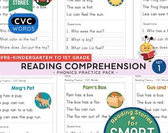 Reading Comprehension Preschool & Kindergarten Set 1, CVC Words Worksheets + Questions, Reading Practice, Learn to Read, Phonics, ESL Kids