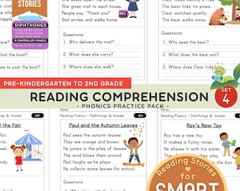 Reading Comprehension Worksheets | 25 Phonics Practice | Diphthongs & R-Controlled Vowels | Reading Practice | Homeschool Learning | PDF PNG
