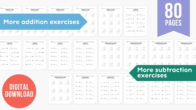 May include: Digital download of 80 pages of addition and subtraction exercises. The worksheets feature math problems in a clear, easy-to-read format. The image includes the text "More addition exercises" and "More subtraction exercises".