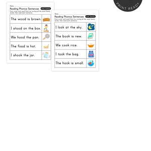 May include: Two printable educational worksheets with the text "Reading Phonics Sentences" and illustrations. The worksheets feature sentences with the "ood" and "ook" word families, designed for early reading practice. The top of the image has the text "DIGITALLYSENTSHOP".