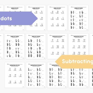 May include: A digital download of 80 pages of math worksheets. The worksheets are designed for adding and subtracting with dots. The text "Adding with dots" and "Subtracting with dots" are visible. The words "Digital Download" are also visible.