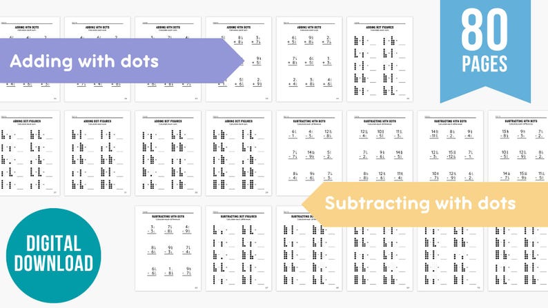 May include: A digital download of 80 pages of math worksheets. The worksheets are designed for adding and subtracting with dots. The text "Adding with dots" and "Subtracting with dots" are visible. The words "Digital Download" are also visible.