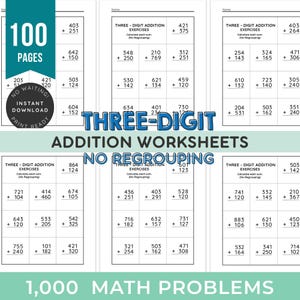 Hojas de ejercicios de suma de tres dígitos sin reagrupación / Ejercicios de práctica de matemáticas para 1.º a 3.º grado / Hojas de ejercicios imprimibles / Recursos para la educación en el hogar y para maestros (PDF)