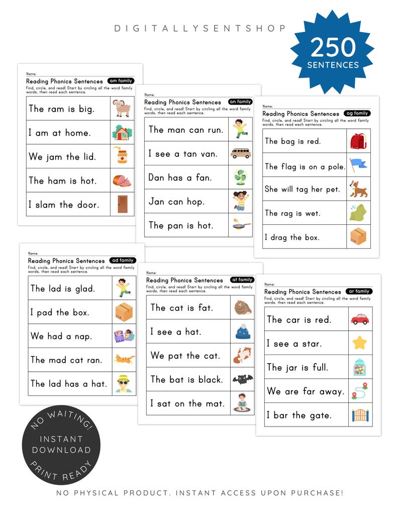 May include: Educational printable phonics flashcards with sentences for early readers. The cards feature colorful illustrations and simple sentences like "The ram is big." Includes a blue badge with "250 SENTENCES".