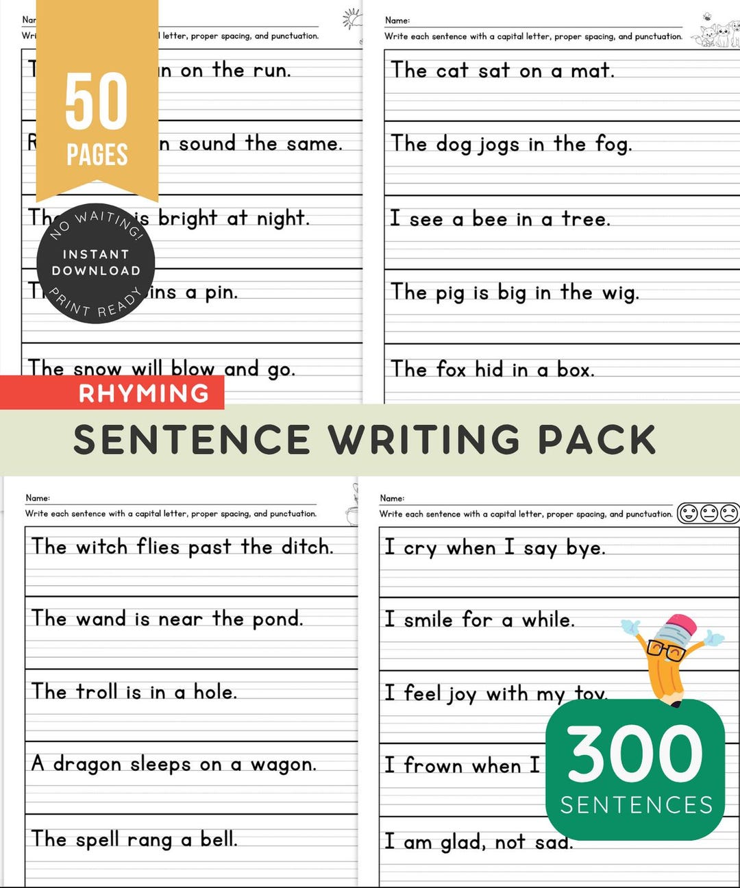Sentences With Rhyming 300 Rhyming Sentences Writing and Handwriting Practice, Copy the ...