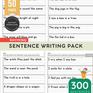 300 oraciones con rima para practicar la escritura a mano y la caligrafía, hojas de trabajo para copiar oraciones, material imprimible para jardín de infancia, 1.º y 2.º grado.