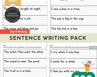 300 Rhyming Sentences Writing and Handwriting Practice, Copy the Sentences Worksheets, Kindergarten, 1st Grade, 2nd Grade Printables
