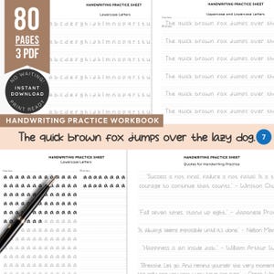 Op de afbeelding: Handschrift oefenwerkboek met 80 pagina's en 3 PDF-bestanden. De omslag toont de tekst "Handwriting Practice Workbook" en "The quick brown fox jumps over the lazy dog." Binnenin zijn handschrift oefenbladen met kleine en hoofdletters.
