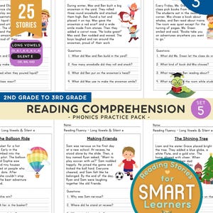 Comprensión lectora, grado 2, serie 5 / 25 vocales largas y e muda / Fluidez lectora, práctica de alfabetización divertida, historias fonéticas, historias imprimibles