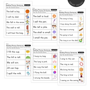 May include: Printable educational worksheets for early readers. Each page features phonics sentences with illustrations, designed to help children learn to read and identify word families. Includes the text "Reading Phonics Sentences".