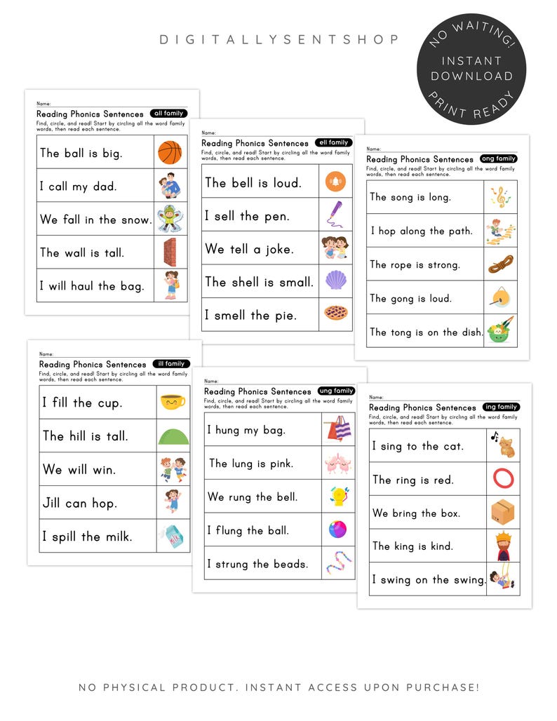 May include: Printable educational worksheets for early readers. Each page features phonics sentences with illustrations, designed to help children learn to read and identify word families. Includes the text "Reading Phonics Sentences".