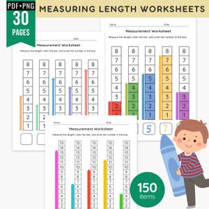 May include: A set of 30 pages of measuring length worksheets in PDF and PNG format. The worksheets feature columns of numbers from 1 to 15 with colored bars to measure, color, and write the number in a box. Includes a cartoon child holding a crayon.