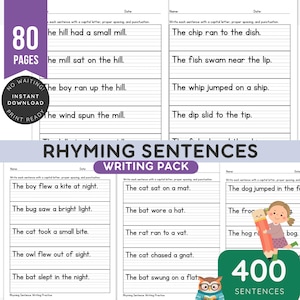 Może przedstawiać: Pakiet do pisania z rymowanymi zdaniami dla dzieci. Pakiet zawiera 80 stron i 400 zdań. Arkusze zawierają ćwiczenia z uzupełnianiem luk, aby przećwiczyć strukturę zdań i słowa rymujące się. Pakiet jest natychmiast do pobrania i gotowy do druku.