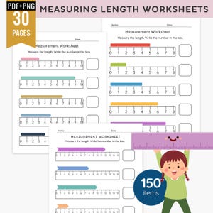 May include: A set of 30 printable measurement worksheets in PDF and PNG formats. Each page features rulers and colored bars for students to measure length and write the number in a box. Includes a cartoon character holding a purple ruler.