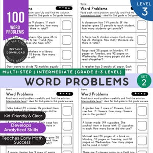 Puede incluir: Una colección de hojas de trabajo de matemáticas titulada Word Problems, con ejercicios de nivel intermedio de varios pasos para estudiantes de 2º a 3º grado. Las páginas en blanco y negro incluyen problemas aritméticos y casillas vacías.