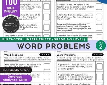 2nd-3rd Grade Math Word Problems, 100 Math Problems,  Addition, Subtraction, Multiplication, Division, Math Practice Worksheets
