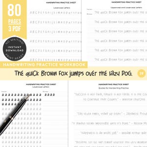Op de afbeelding: Handschrift oefenwerkboek met 80 pagina's in PDF-formaat. Bevat oefenbladen voor kleine en hoofdletters en citaten voor handschrift. Bevat de zin "The quick brown fox jumps over the lazy dog."