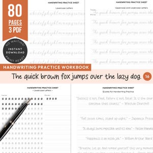 May include: Handwriting practice workbook with 80 pages and 3 PDF files. The cover features the text "Handwriting Practice Workbook" and "The quick brown fox jumps over the lazy dog." Inside are handwriting practice sheets with lowercase and uppercase letters.