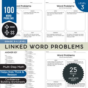 May include: A collection of 25 pages of maths worksheets titled Linked Word Problems for grade 3-4 level. The pages feature addition, subtraction, multiplication, and division problems, along with an answer key. The text includes 100 Word Problems.