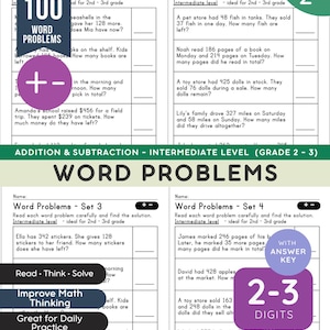 Hojas de trabajo con problemas de suma y resta / Práctica de matemáticas de 2 a 3 dígitos / 100 problemas / PDF imprimible / Recurso para la educación en casa