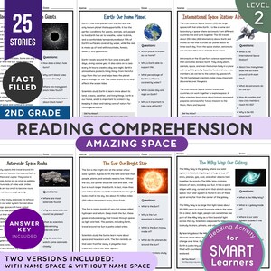 May include: A 2nd grade reading comprehension worksheet set titled Amazing Space featuring six educational pages about space topics including black holes, Earth, the International Space Station, asteroids, the Sun, and the Milky Way galaxy.
