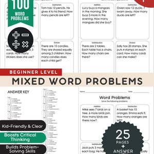 Blandade matteproblem 100 arbetsblad | Förskoleklass - Årskurs 1 | Addition, subtraktion, multiplikation | Utskrivbart övningspaket