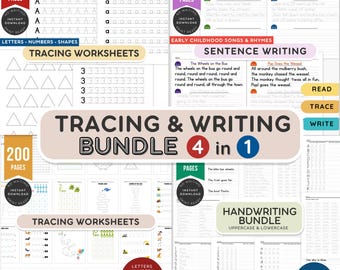Preschool & Kindergarten Tracing Handwriting Bundle | 4 Workbooks PDF + PNG | Alphabet, Numbers, Shapes, Rhymes, Preschool Worksheets