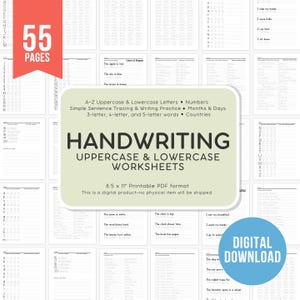 Atividades de caligrafia para impressão com traçado de letras maiúsculas e minúsculas, palavras de 3 a 5 letras, números, nomes de países, dias, meses, frases, digital