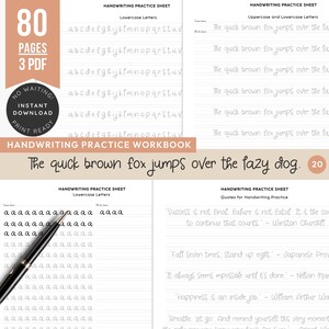 以下が含まれることがあります： 80ページ、3つのPDFファイルの手書き練習ワークブック。表紙には「Handwriting Practice Workbook」の文字と「The quick brown fox jumps over the lazy dog」というフレーズが記載されています。手書き練習シートが含まれています。