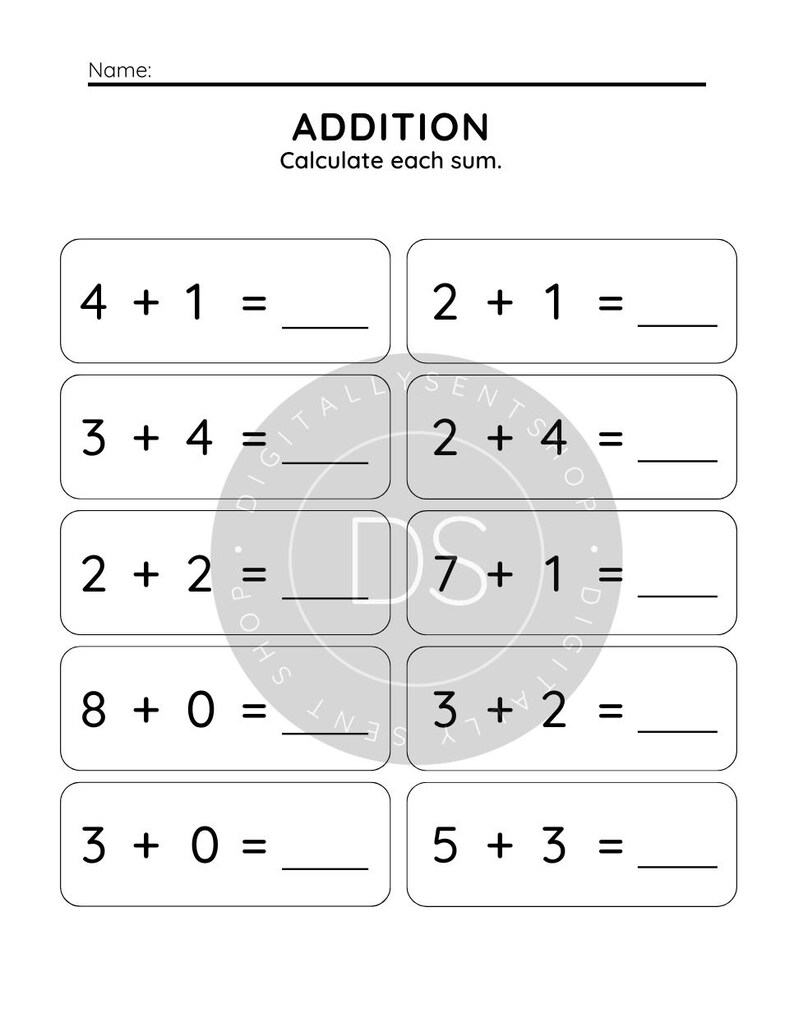 Może przedstawiać: Czarno-biały arkusz edukacyjny z tytułem ADDITION i poleceniem Calculate each sum. Zawiera dziesięć zadań matematycznych w dw&oacute;ch kolumnach, w tym 4+1, 2+1, 3+4, 2+4, 2+2, 7+1, 8+0, 3+2, 3+0 oraz 5+3 z pustymi liniami na wyniki.