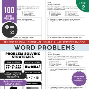 May include: A maths worksheet for early learners, titled "Word Problems", featuring addition, subtraction, and multiplication questions. The page includes problem-solving strategies. The level is indicated as Level 2.