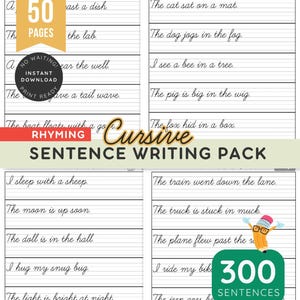 300 frases con rima en cursiva / Hojas de práctica de escritura a mano / Copia las frases / Escritura cursiva imprimible / PDF de escritura a mano